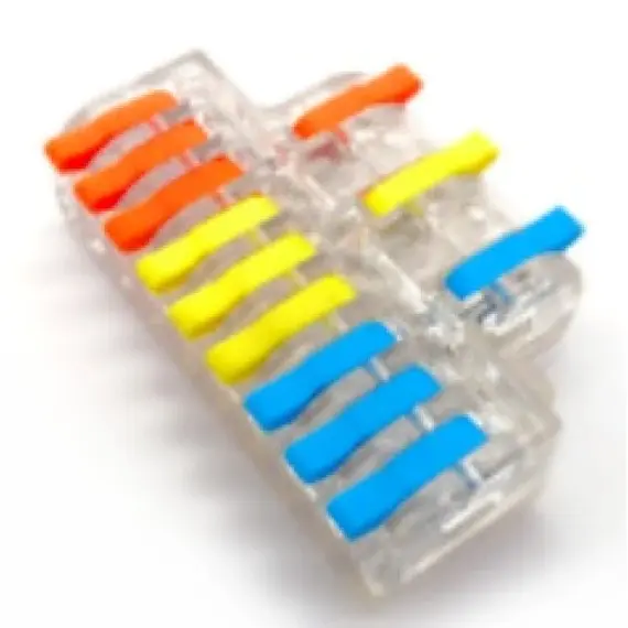 SOLLEYSEC elektromos gyorscsatlakozó kapocs WAGO család termékeire hasonlít, 3+9 12 tű, 3 eres vezetéket háromfelé oszt, névleges feszültség: 250V, névleges áram: 32A, vezetékek átmérő: 0,08-4,0 mm, rugó: rozsdamentes acél, csatlakozó: réz