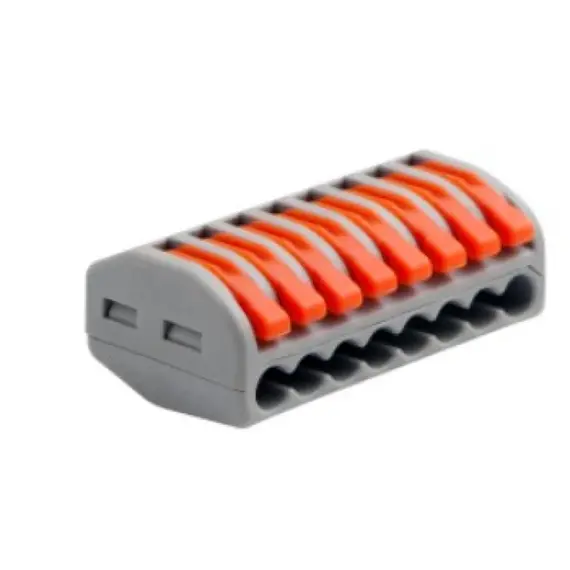 WAGO rendszerű gyorscsatlakozó Névleges feszültség (V): 450 Névleges áram (A): 32, Huzalátmérő (AWG/mm): 0,14(0,2)-4mm, Feszültség ellenállás (KV): 2.5, Szalaghossz (mm: 11, Pólusok száma (p): 8, Srapnel: Rozsdamentes acél, Érintkezési anyag: Nikkel ón