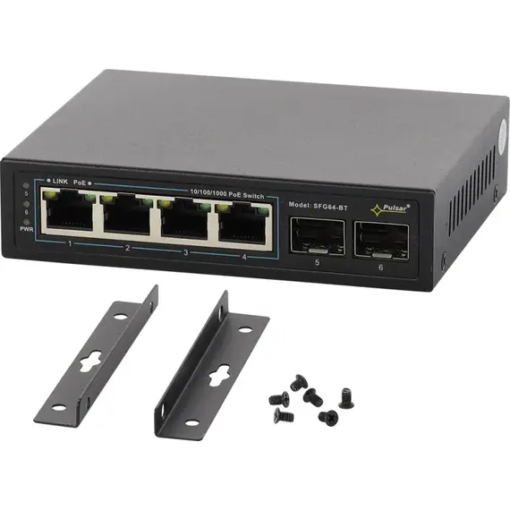 PULSAR SFG64WP-BT 6-port PoE switch 4x PoE 2x Uplink IP66 kültéri fali ház fekete